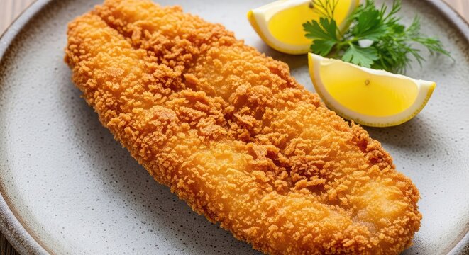 A high-angle close-up shot of a crispy, golden-brown deep-fried cod fish fillet served on a rustic plate with fresh lemon and garnish, cod, hot, nutrition