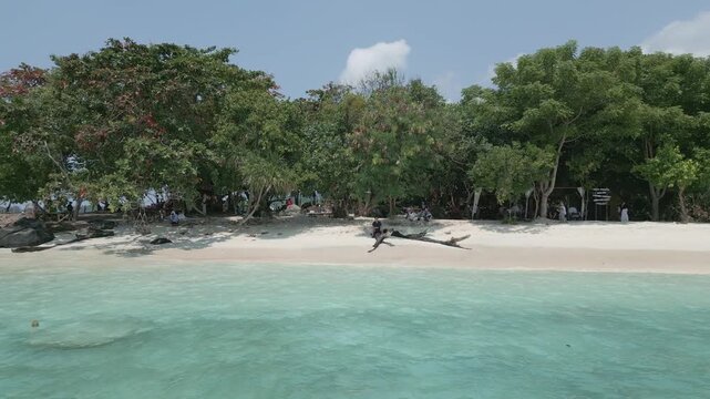 Aerial Along Tropical White Sand Beach With Palms And People