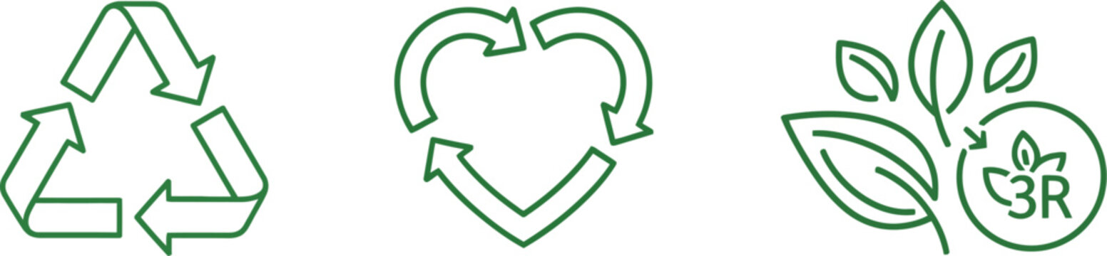 Green Eco Recycling Symbols and 3R Sustainability Icon Set