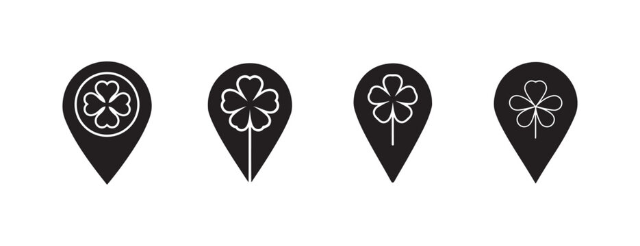 map pin icons with white four leaf clover designs on white background  various clover leaf symbol styles