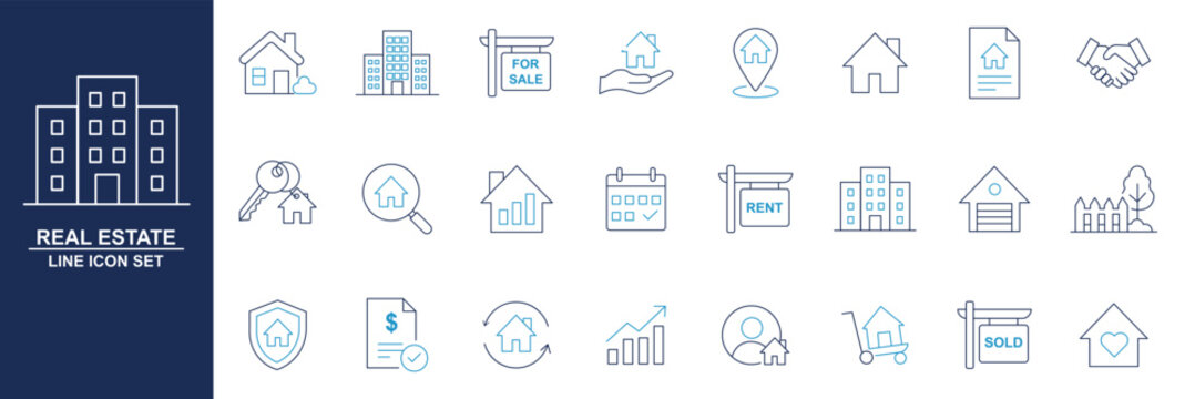 Real state Line Editable Icons set. Includes house, moving home, key, insurance, garage, budget, Construction tools, builders and equipment. Builder, crane, engineering, equipment, helmet, and more.