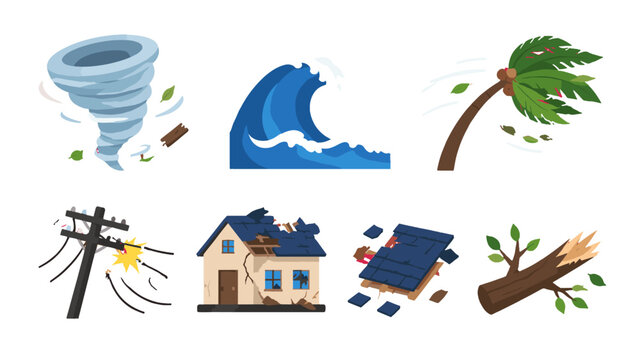 Storm and natural disaster icon set with wind and damage