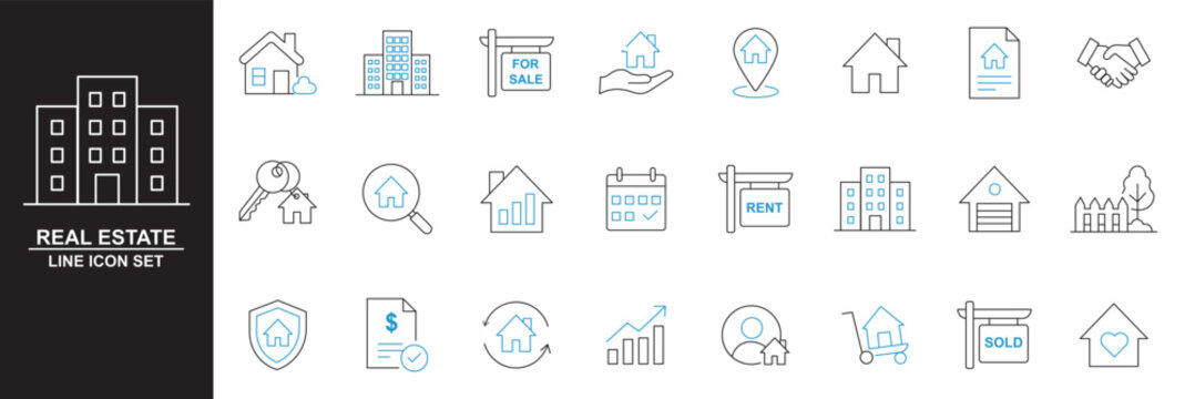 Real state Line Editable Icons set. Includes house, moving home, key, insurance, garage, budget, Construction tools, builders and equipment. Builder, crane, engineering, equipment, helmet, and more.