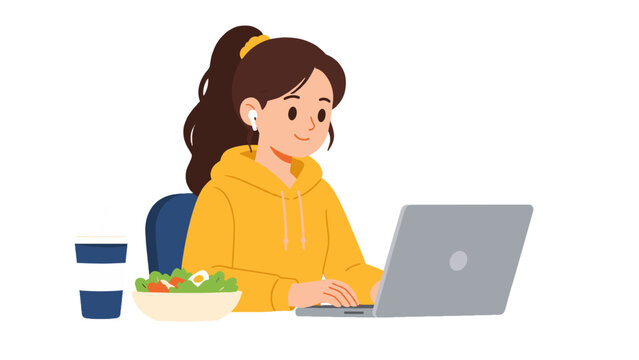Young woman working on laptop with salad and takeaway drink