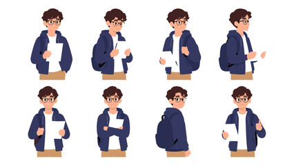 Student boy character poses with backpack and papers set © Mark