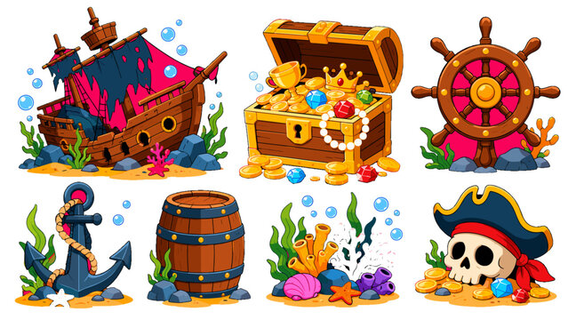 Cartoon pirate ship treasure chest and nautical objects set