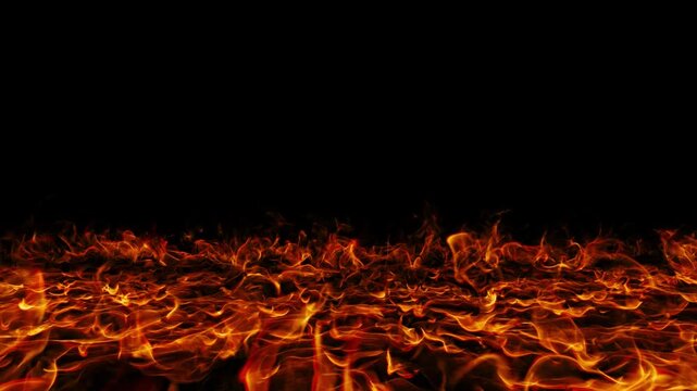 Realistic intense fire on the floor animation, cinematic blazing ground isolated on transparent background 4K