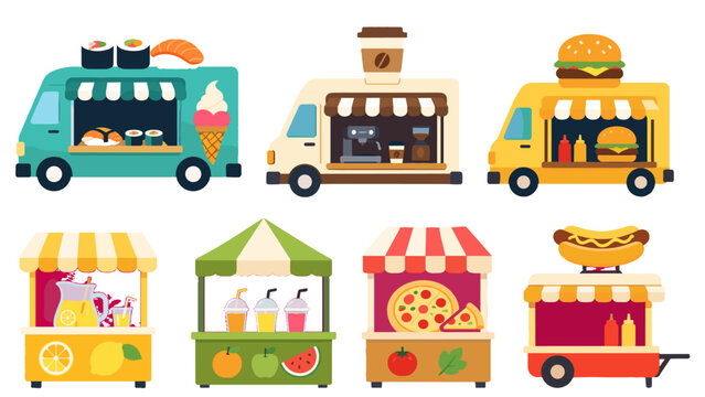 Set of colorful food trucks and market stalls vector illustration