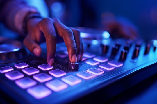 Hands adjusting knobs on DJ mixer controller with glowing buttons. Blue neon lighting background. Horizontal realistic closeup of music production, nightlife, and audio equipment.