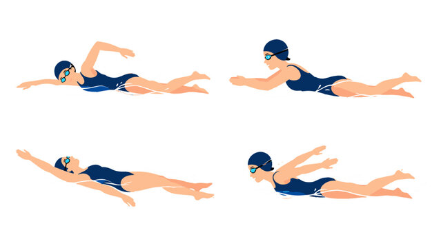 Set of swimmer stroke positions in flat vector illustration