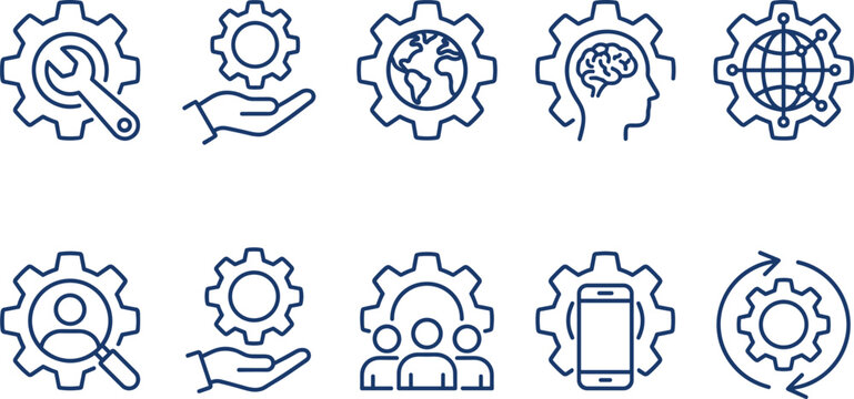 Business management icons set featuring gear wheels with tools human brain and mobile technology elements.