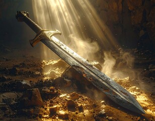 Ancient Heroic Broadsword Embedded in Stone Within a Mystical Underground Cavern Bathed in Golden Celestial Light Rays © yohan