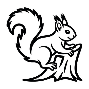 Cute Cartoon Squirrel on Tree Stump Line Art Vector Illustration for Kids Coloring