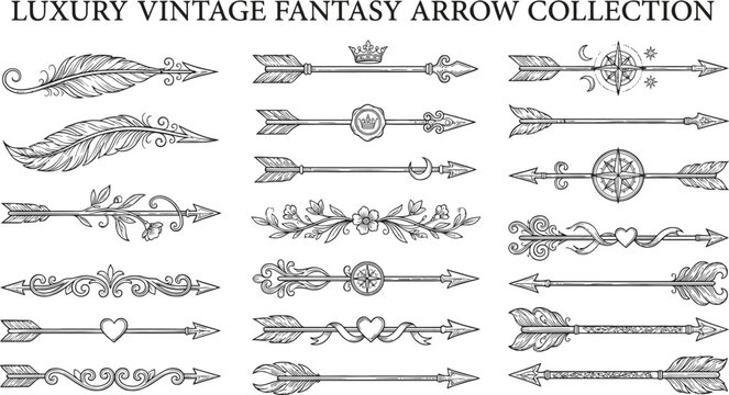 Vintage fantasy arrow icon collection vector illustration featuring decorative arrows, ornamental feathers and luxury design elements