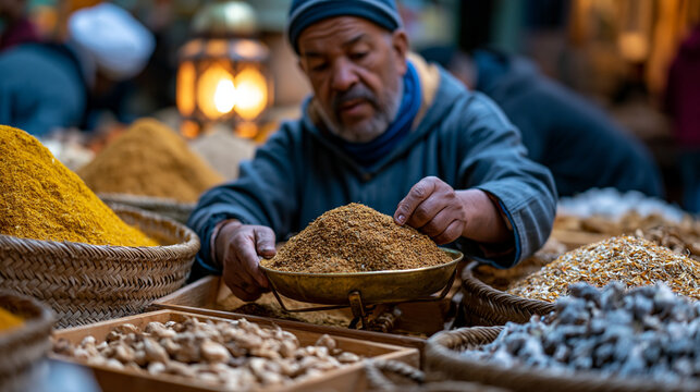 Street vendor at outdoor Moroccan spice market weighing cumin on antique brass scale at twilight, lantern glow catching plumes of powdered saffron, buyers leaning over wooden bins, the market sensor
