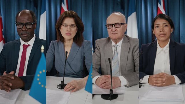 Portrait of diverse multiethnic politicians looking at camera during international summit. Split screen footage is ideal for political campaigns and news broadcasts