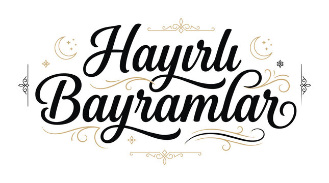Decorative calligraphy greeting hayirli bayramlar with ornate flourishes and crescent moon design
