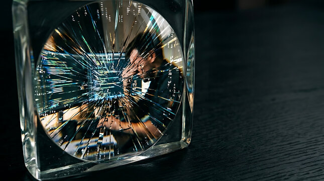 Man deep in thought reflected within a crystal cube, visualizing intricate technology and data