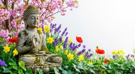 Fototapeta premium A serene stone Buddha statue sits amidst vibrant blooming flowers and lush green foliage, creating a peaceful and meditative atmosphere, blossoms, ancient, monument