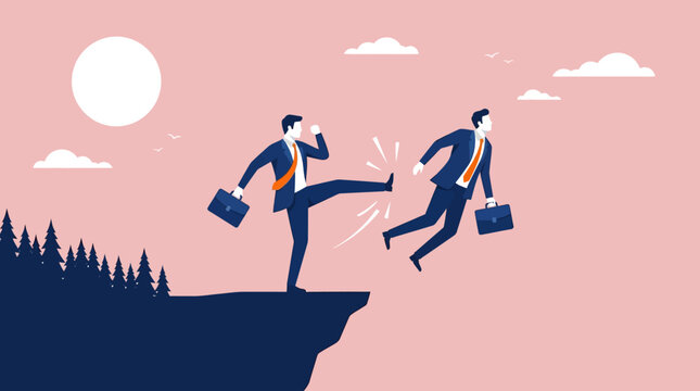 Corporate Rivalry Concept with a businessman kicking a colleague off a cliff edge in a flat vector style, ideal for business ethics articles and corporate conflict presentations.