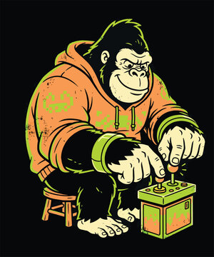 Cool gorilla in orange hoodie playing retro arcade game, vintage style vector illustration