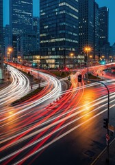 Obraz premium Vibrant light trails from evening traffic flow through a busy urban intersection surrounded by tall modern buildings and street lamps, night, dynamic, blur