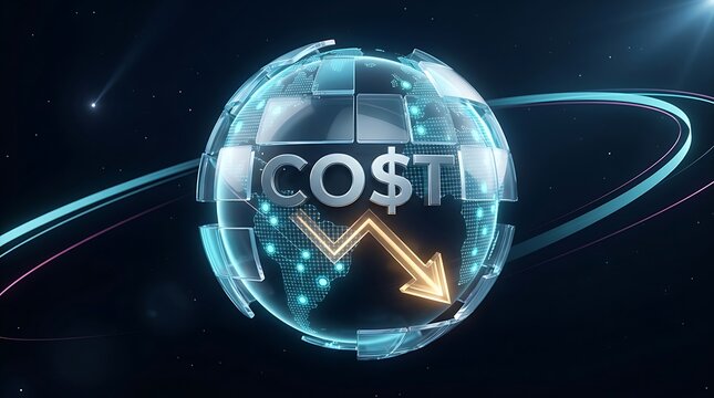 Advanced digital globe with geometric glass panels and glowing cost reduction arrow for international business and financial market strategy