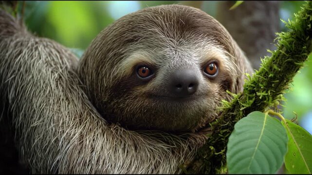 Close up of a three toed sloth with brown eyes clinging to a mossy branch