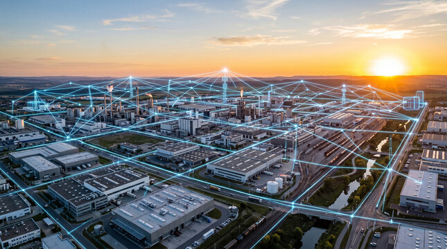 Smart industrial park with digital network connection and data communication technology, sunset aerial view of logistics and manufacturing hub