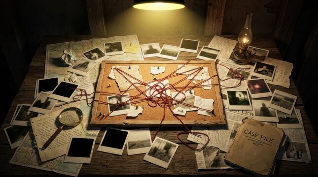Detective's desk with case file, photos, magnifying glass, and corkboard with red string