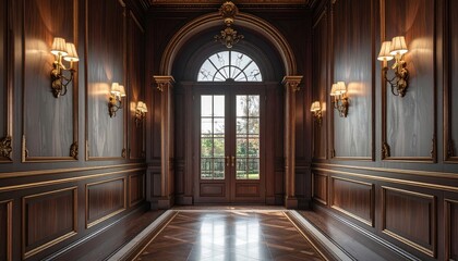 Obraz premium Interior of an ancient European church with grand entrance, marble floors, arches and columns and a long hallway cathedral in Italy