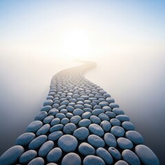 Fototapeta premium A winding stone path leads through a soft mist toward a horizon of pale light, capturing the essence of a silent walk into peace and calm, calm, white, airy