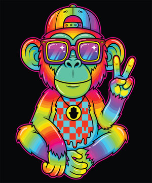 Cool monkey character with peace sign and hamsa hand necklace in a vibrant psychedelic style
