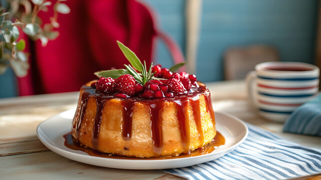 Delicious homemade flan cake topped with caramel sauce, fresh raspberries, pomegranate seeds, and rosemary sprigs on a wooden table