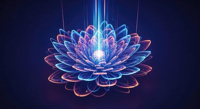 Abstract digital art of a glowing futuristic flower with vibrant blue and orange light streaks and dynamic motion against a dark background, render, orange, virtual
