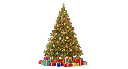 Naklejka premium An elegantly decorated evergreen tree stands glowing with warm lights, adorned with festive ornaments and colorful wrapped gift boxes below, christmas tree, blurred, branch