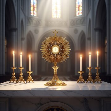 An ornate gold monstrance stands prominently on a marble altar inside a majestic cathedral, illuminated by soft sunlight and warm candlelight, sanctuary, traditional, altar