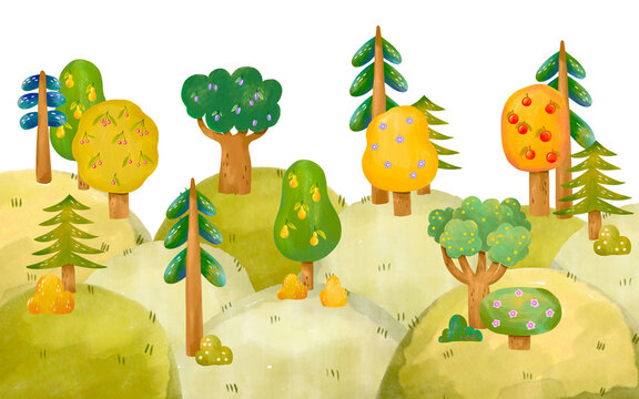 Rolling green hills landscape with variety of cartoon trees on white background Kids nursery playroom wall sticker template ideal for Earth Day and eco friendly events