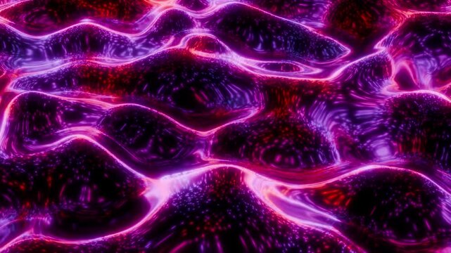 Liquid energy background with smooth glowing waves illuminated by pink purple and red neon lights. Abstract animation of flowing forms with glossy surface and soft bloom effect. Seamless loop 4K 60fps