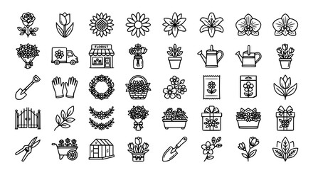 Obraz premium Flower Delivery Line Icons Pack Featuring Florist Bouquet Garden Plants and Botanical Elements