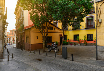 Obraz premium Cozy narrow street in Madrid, Spain. Architecture and landmark of Madrid.