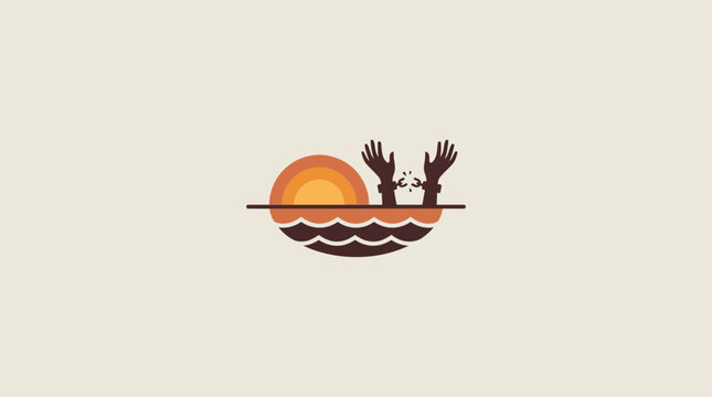 Minimalist Illustration of Hands with Broken Shackles Rising from Sea at Sunset