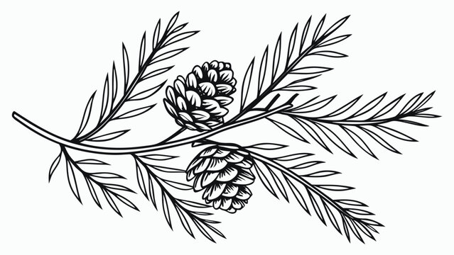 Vector illustration hand drawn pine branch with pine cones