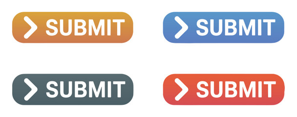 Fototapeta premium Submit Button Collection: A set of four differently colored buttons, each displaying the word SUBMIT with a forward arrow.