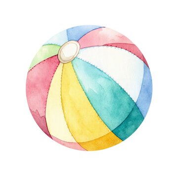 Watercolor illustration of a colorful beach ball with various segments isolated on white background