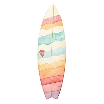 Watercolor illustration of a striped surfboard with wavy colorful patterns isolated on white background