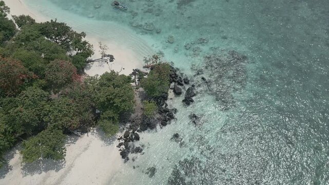 Top Down Aerial Of Rocky Mangrove Islet Edge And Clear Shallows