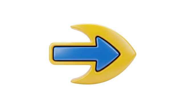 Bright 3d yellow arrow pointing forward with blue tip isolated on transparent background
