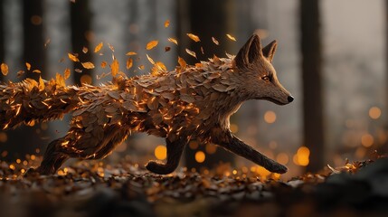 Fototapeta premium A fox made of autumn leaves runs through a blurred forest, blending nature and animal in a surreal, artistic scene.