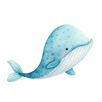 Watercolor illustration of a cute blue whale swimming isolated on white background